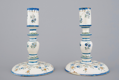 A fine pair of French faience candlesticks, 18th C.